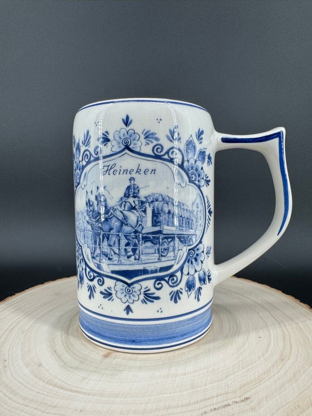Vintage Delfts Holland Heineken Blue White Delft Beer Stein Mug Horse Windmill